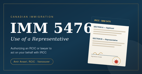 IMM 5476 Use of a Representative blog cover, showing a stylized IRCC form with applicant and representative sections and a maple-leaf seal.