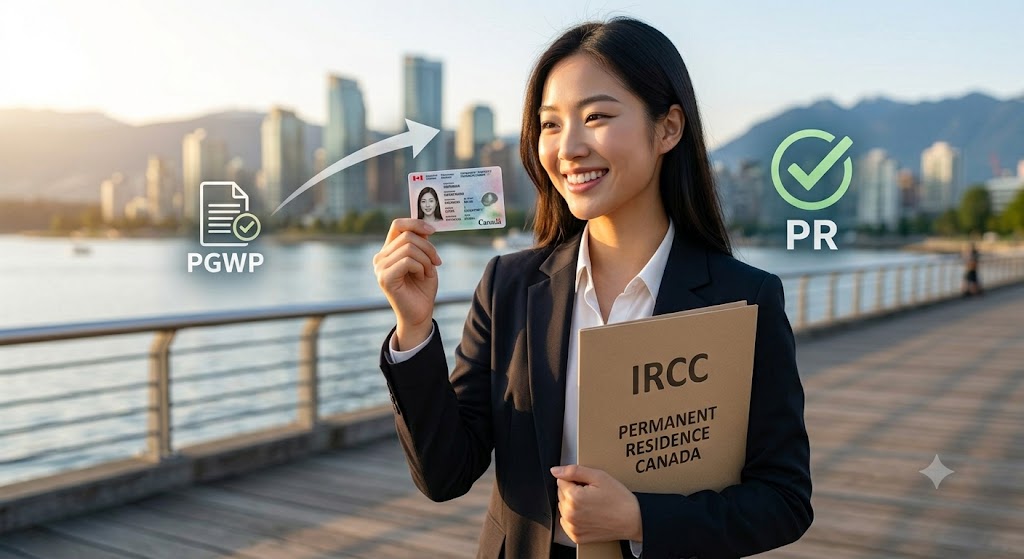 A celebratory outdoor photo of the same young woman from the previous image, standing on a boardwalk with the Vancouver skyline and mountains behind her. She smiles while holding up her official Canadian Permanent Resident card, and a folder marked 'Permanent Residence Canada.' A subtle graphic overlay indicates her transition 'From PGWP to PR' in sequence.