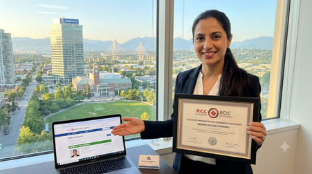 A professional photograph of a smiling female Regulated Canadian Immigration Consultant in a Surrey office. She holds a framed CICC certificate confirming "Member in Good Standing" and gestures to a laptop showing the public register. The background is a detailed view of the Surrey, BC skyline and the Port Mann Bridge.