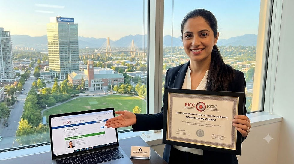 A professional photograph of a smiling female Regulated Canadian Immigration Consultant in a Surrey office. She holds a framed CICC certificate confirming "Member in Good Standing" and gestures to a laptop showing the public register. The background is a detailed view of the Surrey, BC skyline and the Port Mann Bridge.