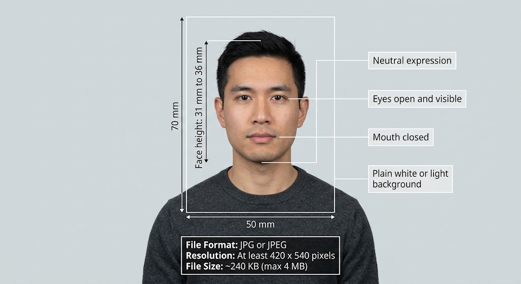 A diagrammatic photograph illustrating Canadian citizenship photo specifications. It features a man with short dark hair and a neutral expression against a plain light grey background. Annotations with white lines and text define the required dimensions: a 50 mm by 70 mm outer frame, and a face height measuring 31 mm to 36 mm from chin to crown. Text boxes highlight key rules: Neutral expression, Eyes open and visible, Mouth closed, and Plain white or light background. A bottom box specifies technical data: File Format JPG or JPEG, Resolution at least 420 x 540 pixels, and File Size around 240 KB (max 4 MB).