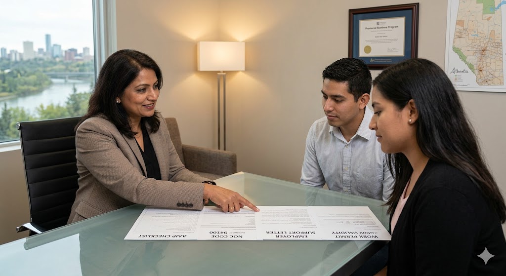 A professional corporate portrait inside a welcoming Edmonton immigration consulting office, showing three adults gathered around a desk. A female consultant of South Asian descent, in a blazer, points to documents clearly labeled 'AAIP CHECKLIST,' 'NOC CODE 94100,' 'EMPLOYER SUPPORT LETTER,' and 'WORK PERMIT VALIDITY' while a young Hispanic couple listens intently. The blurred background features an Edmonton skyline view and a wall with a framed immigration certificate and an Alberta map under soft ambient light.