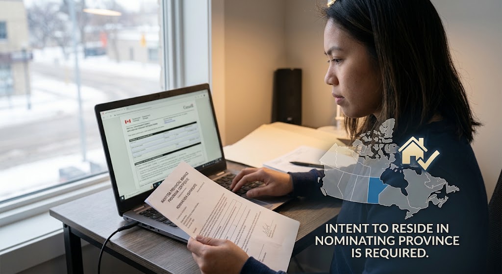A focused woman at a desk with a laptop and a provincial nomination certificate. A graphic map of Canada highlights Manitoba with a house icon and text requiring intent to reside in the nominating province.