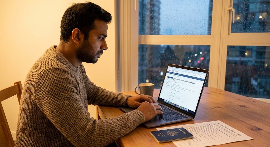 A man sits at a desk in a rainy apartment, working on a laptop displaying the official Canadian Permanent Residence Portal. A printed document checklist (IMM 5644) and a passport are nearby, illustrating the process of applying online for a replacement PR card from within Canada.