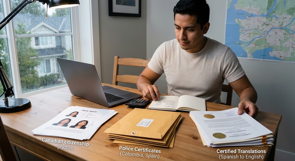 A man of Hispanic heritage sorting documents at a wooden table in a Metro Vancouver home office. Labels overlaid on the image clearly identify the items as "Canadian citizenship photos," "Police Certificates (Colombia, Spain)," and "Certified Translations (Spanish to English)." A laptop and a budgeting notebook are also visible.