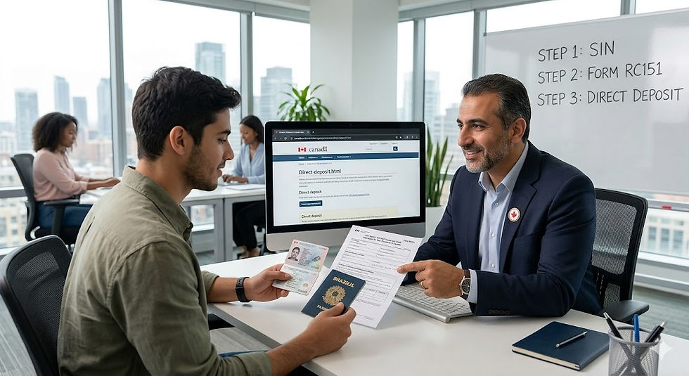 This professional image visualizes the critical "How to Apply" and "Immigration Connection" sections. It depicts a young immigrant man in a modern Toronto office, consulting with a Regulated Canadian Immigration Consultant (RCIC). The consultant points to "Form RC151, GST/HST Credit and CGEB Application for New Residents of Canada." On the consultant's screen, the official CRA direct deposit webpage is open. The man holds his Brazilian passport and a Canadian Permanent Resident Card alongside the form, highlighting how residency status dictates access to benefits.