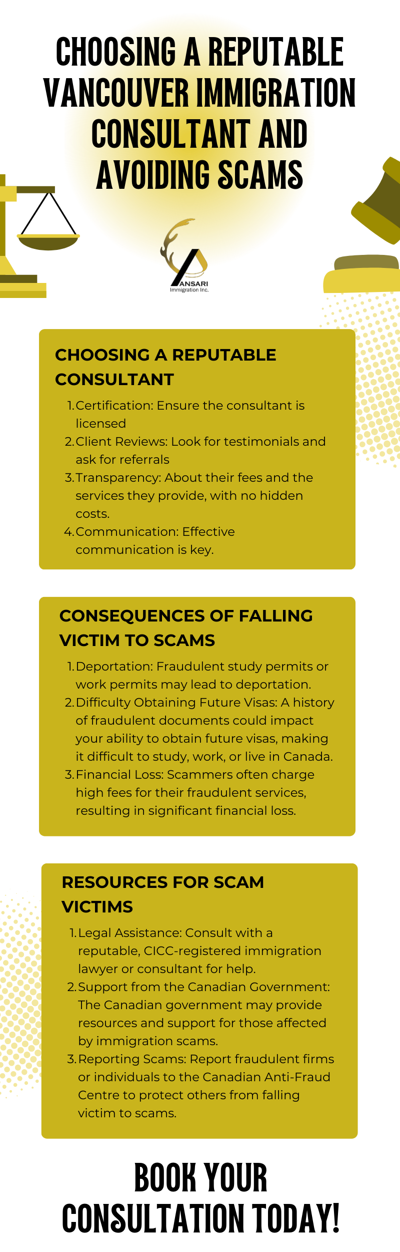 Infographic summarizing tips for choosing a reputable Vancouver immigration consultant, consequences of falling victim to immigration scams, and resources for scam victims.