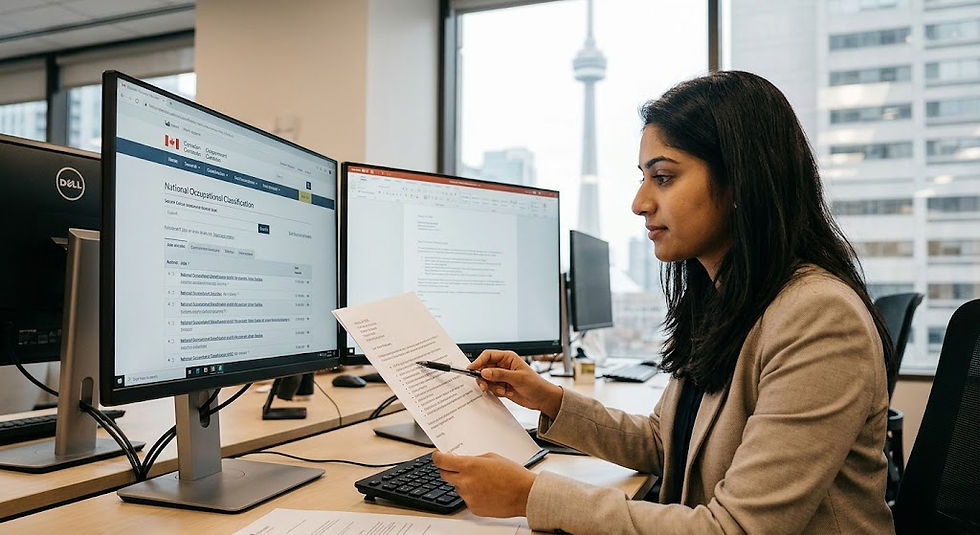 A young professional of South Asian descent sits at a modern Toronto office desk with two large monitors. She is actively comparing a paper employment letter, which she holds with a pen, against the National Occupational Classification (NOC) search interface displayed on the screens.