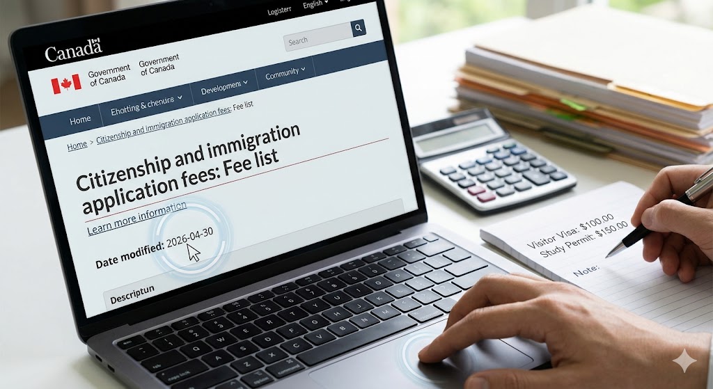 A photograph of a hand using a trackpad cursor to hover over the 'Date modified: April 30, 2026' section on the official Government of Canada online fee list. A notebook nearby shows handwritten verification details.