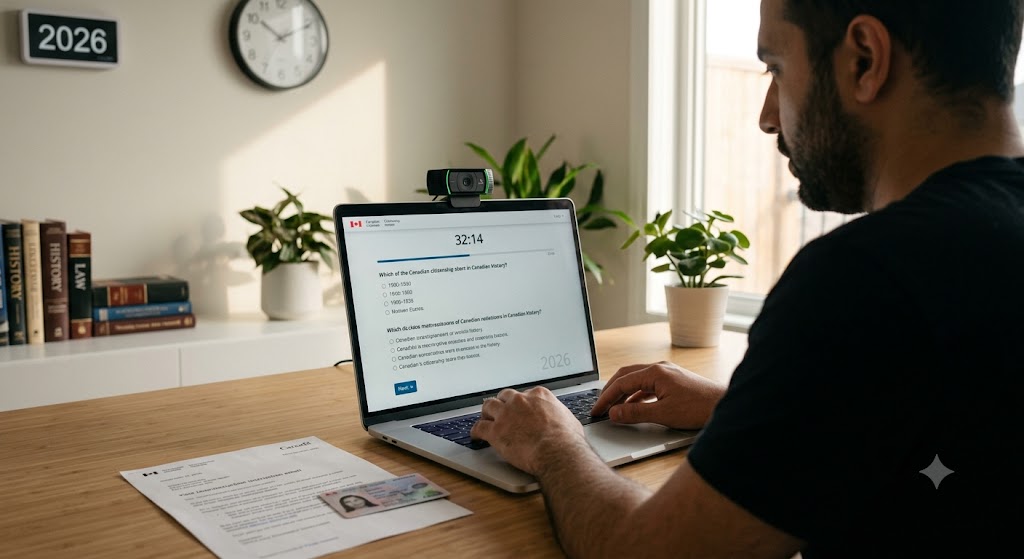 A documentary-style photograph of a person of Middle Eastern descent in their mid-30s, sitting at a clean desk in a modern Canadian home office. They are focused on a laptop screen displaying a Canadian citizenship test interface with a timer reading 32:14. A small external webcam is clipped to the laptop, and a physical PR card and an official IRCC letter lie on the desk next to the computer. A digital clock in the background shows the year 2026.