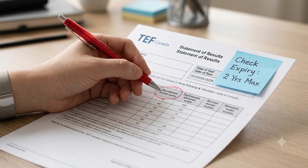 A tight close-up photograph of a paper TEF Canada Statement of Results document on a wooden desk. A hand wearing a silver watch holds a red pen and circles the text 'Équivalence ancien score.' A blue sticky note on the form reads 'Check Expiry: 2 Yrs Max.' The lighting is soft office light.