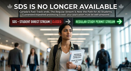 A blog cover photograph with a photo background of a student holding a clear folder in an indoor public terminal. At the top, bold text with a maple leaf icon reads, "SDS IS NO LONGER AVAILABLE". Below this, explanatory text says, "Canada's Fast-Track ends. The Regular Stream is Now the Path for All Students. Guaranteed expedited processing is over; your application must be well-prepared." In the center, a prominent informational sign panel is divided into two sections. The left red section reads, "SDS - STUDENT DIRECT STREAM | CLOSED" with a left-pointing arrow. The right green section shows a right-pointing arrow and reads, "REGULAR STUDY PERMIT STREAM". The student in the background is holding documents labeled "PROVINCIAL ATTESTATION LETTER (PAL)" and "PROOF OF FUNDS (GIC)".
