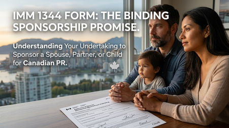 A bearded man, looking thoughtfully out a window overlooking the Vancouver cityscape, signs the physical IMM 1344 Application to Sponsor form. White blog post text overlays the top, reading "IMM 1344 FORM: THE BINDING SPONSORSHIP PROMISE."