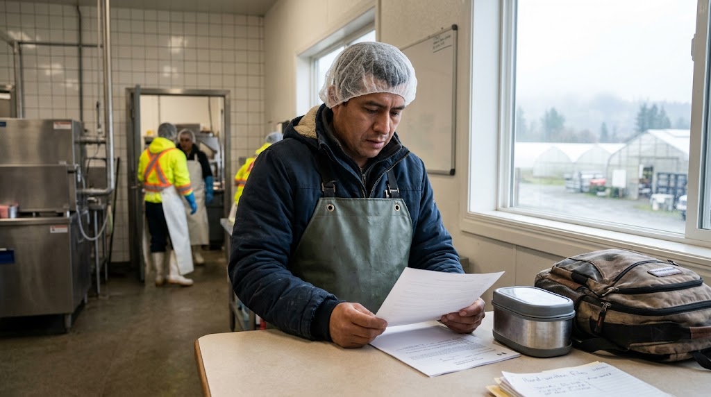 An agri-food worker wearing a hairnet, heavy jacket, and apron sits at a table in a food-processing facility, looking concerned while reading a paper document. A lunchbox, backpack, and papers sit on the table, and other workers are visible in the background, with outdoor greenhouses visible through a window.