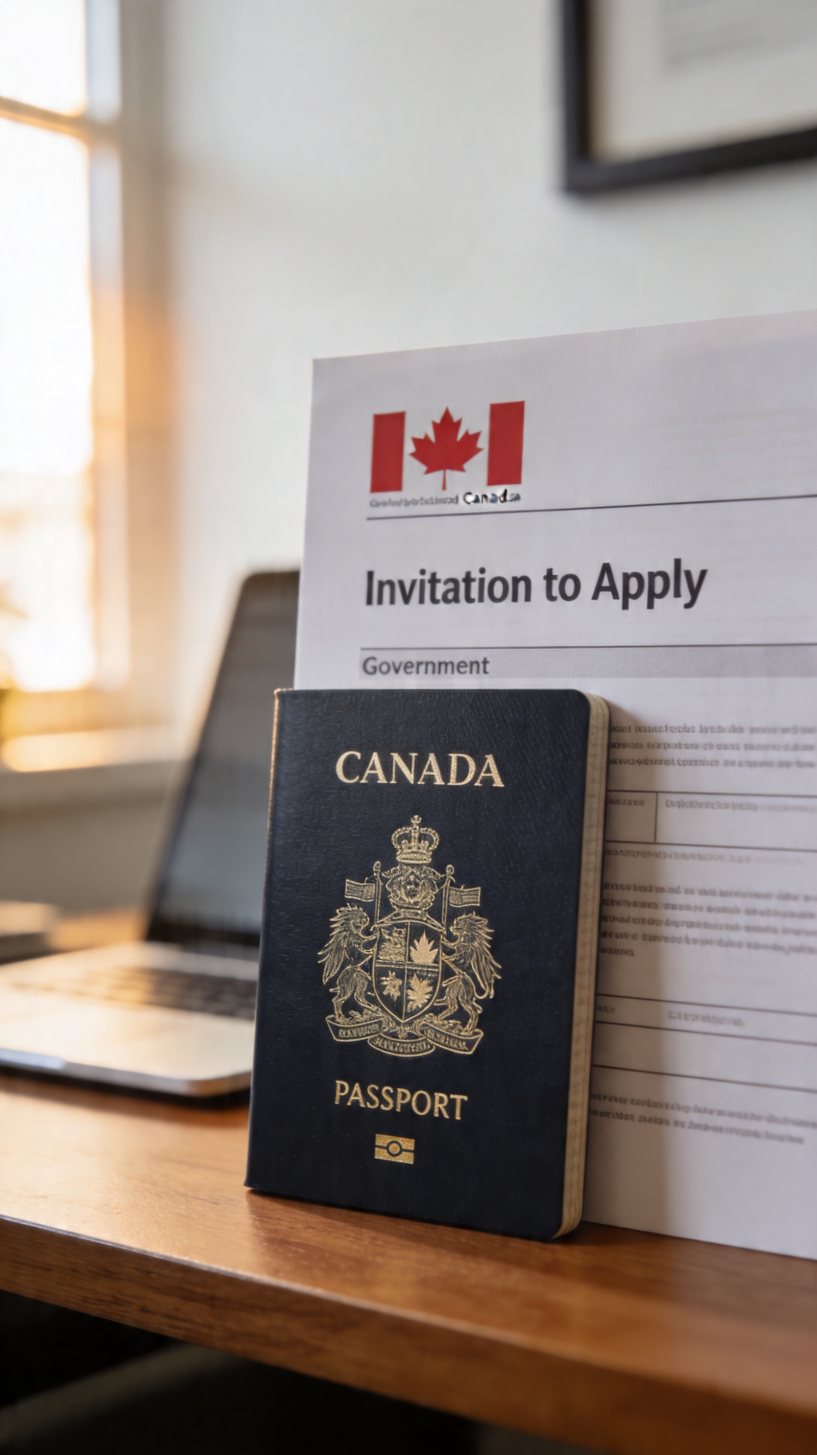 Canadian passport and official Invitation to Apply document on a desk, representing the April 15 2026 Express Entry draw result