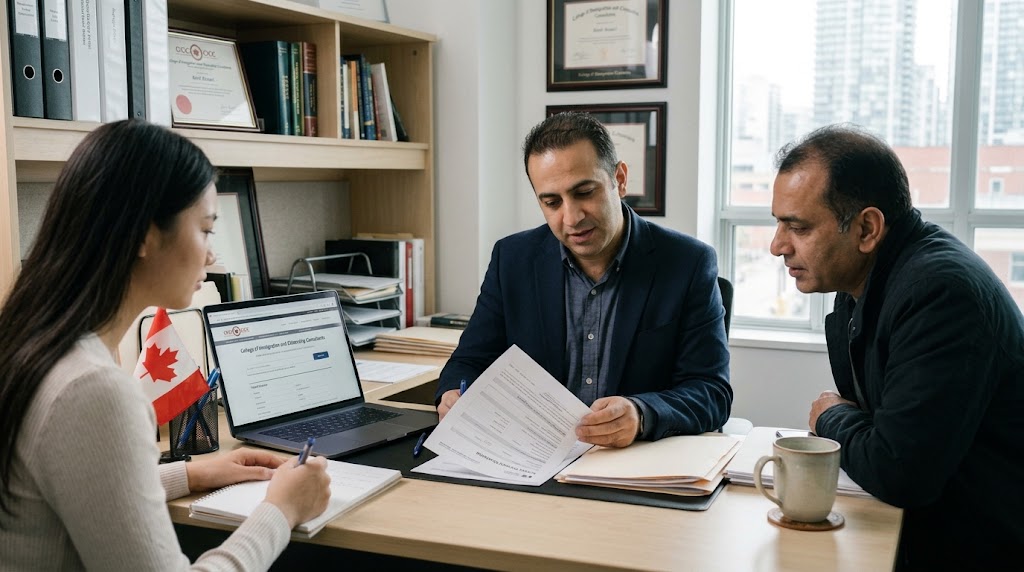 A candid office photo showing Amir Ansari, RCIC, seated at his desk, going over a "Retainer Agreement" with an international student (left) and an older man, likely her parent (right). The desk features a laptop displaying the CICC public register, a Canadian passport, paperwork, and a nameplate reading "Amir Ansari, RCIC". Office shelves and a city window can be seen in the background.