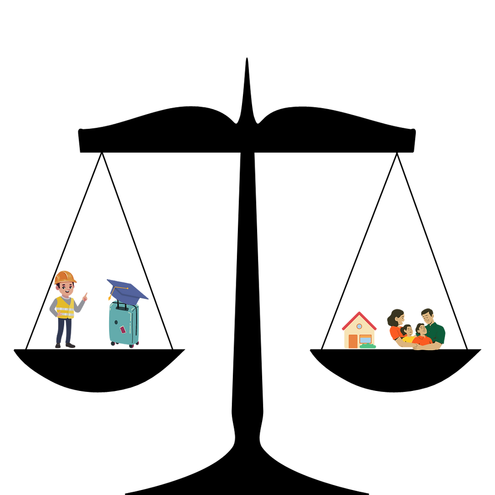 A balanced scale representing the fair and impartial assessment of dual intent by IRCC officers, with temporary residence icons (suitcase, student cap, worker's hard hat) on one side and permanent residence icons (house, family) on the other, highlighting the equilibrium between both intentions in the evaluation process. A small Canadian flag or maple leaf is incorporated to emphasize the Canadian immigration context.