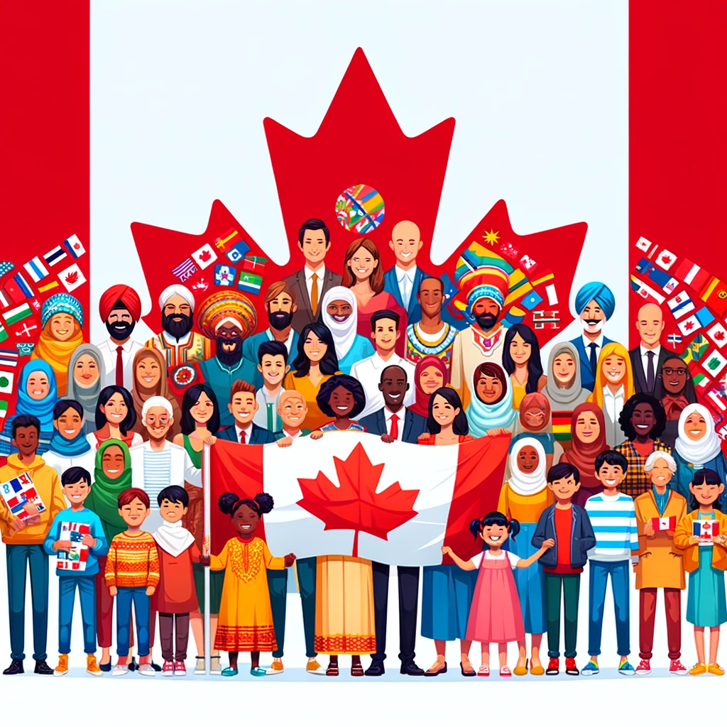 A diverse group of people standing together under the Canadian flag, representing Canada's multiculturalism.