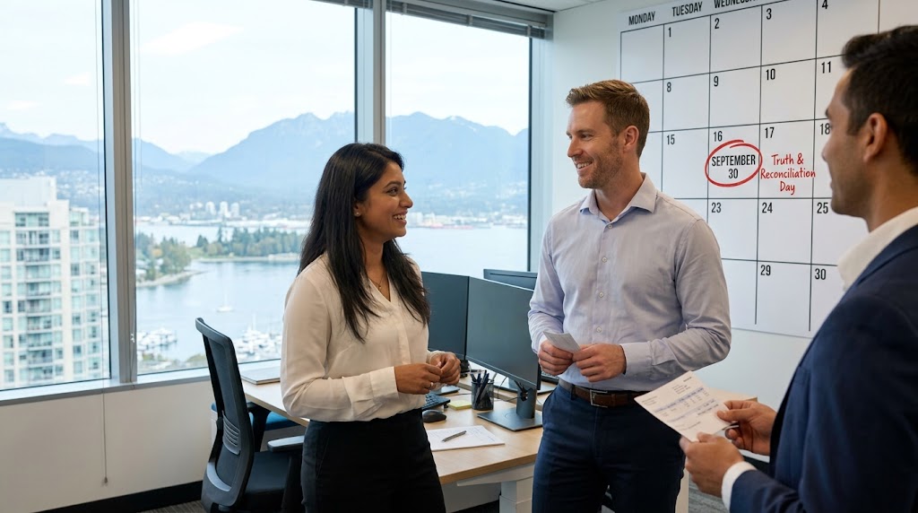 Three diverse office coworkers in a Vancouver high-rise office discuss pay stubs next to a wall calendar highlighting September 30, the National Day for Truth and Reconciliation, with the Vancouver harbor and North Shore mountains visible through the window.