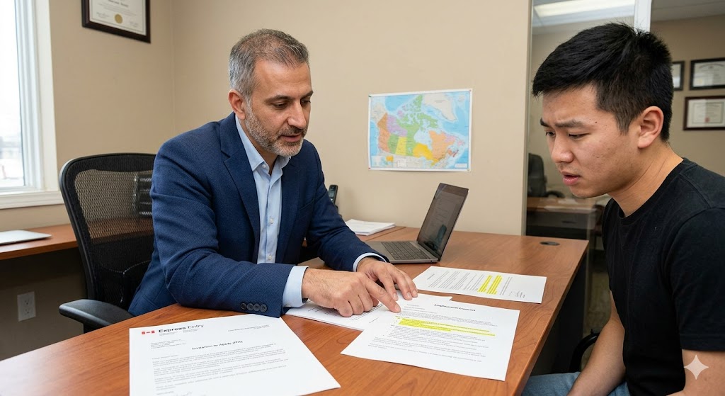 Candid photograph of an immigration consultant (Amir Ansari, RCIC) pointing to a clause on an employment reference letter for an East Asian applicant during an in-person office consultation. An official "Express Entry" Invitation to Apply (ITA) letter is visible on the desk, alongside employment contracts with highlighted job duties. The applicant looks focused and slightly concerned. Professional office setting with a map of Canada on the wall.