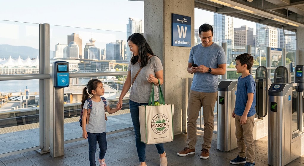 A candid photograph of a family of four (parents and two daughters) standing on an elevated outdoor SkyTrain platform at Waterfront Station in Vancouver, British Columbia. The mother holds a reusable grocery bag, and the father is about to scan a Compass Card on a blue reader at a fare gate. The Vancouver city skyline and Harbour Centre are visible in the background under clear skies.