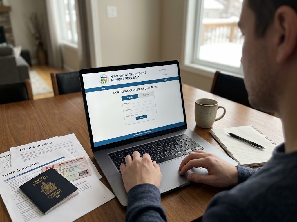 An over-the-shoulder view of a person using a laptop on a wooden dining table to access the Northwest Territories Nominee Program Expression of Interest portal. The laptop screen displays the official "NORTHWEST TERRITORIES NOMINEE PROGRAM" and "EXPRESSION OF INTEREST (EOI) PORTAL" headings, along with a "Sign In" and "Register" portal. On the table next to the laptop are documents labeled "NTNP Guidelines", a Canadian passport, a Canadian work permit or visa, an open notebook with a pen, and a ceramic coffee mug. A window in the soft-focused background looks out onto a snowy outdoor scene, captured in natural daylight.