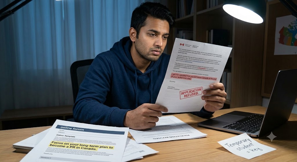 A disheartened young man, wearing a navy hoodie, sits slumped at a cluttered desk under low light, holding an official Canadian immigration refusal letter. The letter is clearly stamped 'REFUSED,' and he is pointing to the crucial highlighted phrase stating that the visa officer was not satisfied he would leave Canada at the end of his stay.