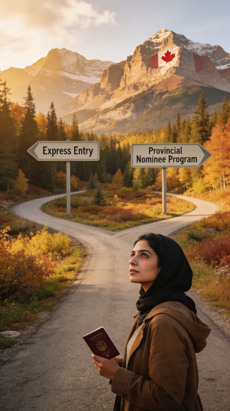 Immigrant applicant standing at a fork in the road in a Canadian landscape, choosing between Express Entry and Provincial Nominee Program paths