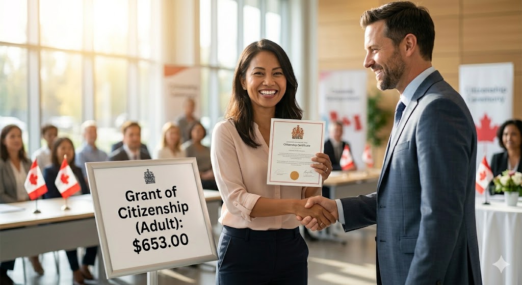 A photograph taken during a citizenship ceremony, showing a smiling woman holding a Canadian citizenship certificate while shaking hands with an official. In the foreground, an official sign displays the Grant of Citizenship (Adult) fee of $653.00.