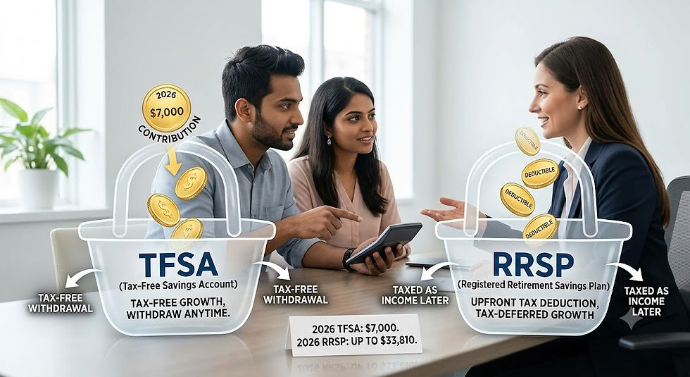 A photograph of a diverse couple (Indian heritage) in their 20s speaking with a female financial advisor in an office. They are looking at visual aids on a desk comparing two investment options presented as stylized glass "baskets." The left basket is labeled "TFSA (Tax-Free Savings Account)" with points below: "TAX-FREE GROWTH," "WITHDRAW ANYTIME," and arrows showing "TAX-FREE WITHDRAWAL." A gold coin icon shows "2026 $7,000 CONTRIBUTION." The right basket is labeled "RRSP (Registered Retirement Savings Plan)" with points: "UPFRONT TAX DEDUCTION," "TAX-DEFERRED GROWTH," and an arrow showing "TAXED AS INCOME LATER." A sign on the table notes "2026 TFSA: $7,000. 2026 RRSP: UP TO $33,810.