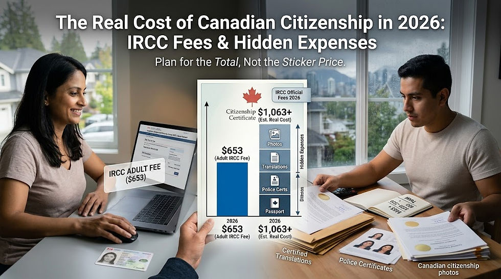 An infographic comparing the official IRCC fee to the estimated real cost of Canadian citizenship in 2026. The main title reads "The Real Cost of Canadian Citizenship in 2026: IRCC Fees & Hidden Expenses," with a subtitle "Plan for the Total, Not the Sticker Price." A chart shows a $653 official adult fee on the left, and a stacked bar representing a $1,063+ estimated total real cost on the right. The breakdown shows $653 in IRCC fees and $410+ in estimated hidden expenses like Photos, Translations, Police Certs, and Passport. A woman is pictured on the left in a home office, looking at a laptop labeled with "IRCC ADULT FEE ($653)." A man is on the right, organizing labeled documents: "Certified Translations," "Police Certificates," and "Canadian citizenship photos," with a calculator nearby.
