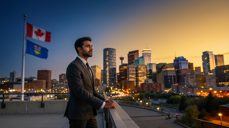 Alberta immigration professional standing before the Calgary skyline at dusk representing the Alberta Advantage Immigration Program 2026