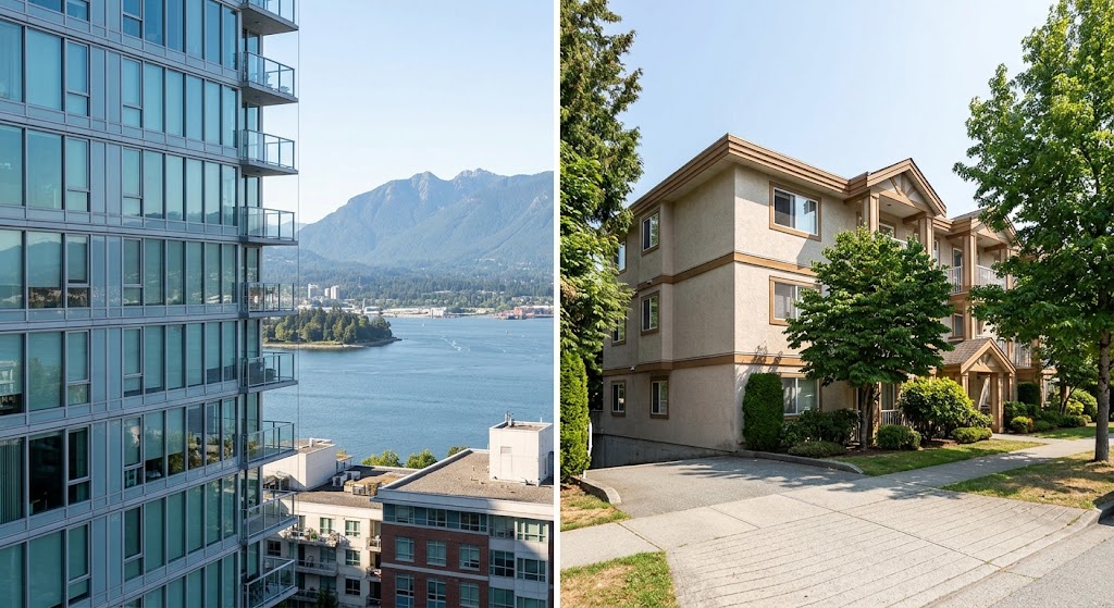 A split-screen diptych comparing housing in Vancouver. The left panel features a modern high-rise apartment building with glass balconies overlooking a blue bay and the North Shore mountains. The right panel shows an older multi-story suburban stucco apartment complex with lush green trees and a clear blue sky.