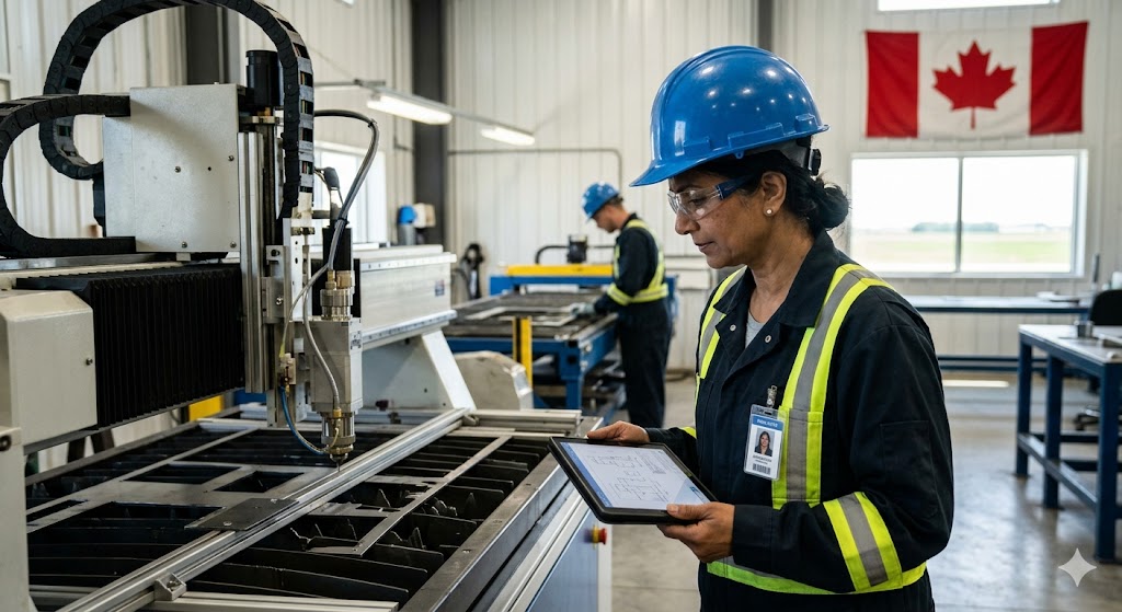 A candid documentary photo inside a bright Alberta manufacturing facility shows an East Indian woman, wearing a blue hard hat and safety glasses, inspecting a detailed schematic on a tablet while an automated metal fabrication machine processes a sheet in the foreground. Natural ambient light fills the modern workshop, where other workers are visible.