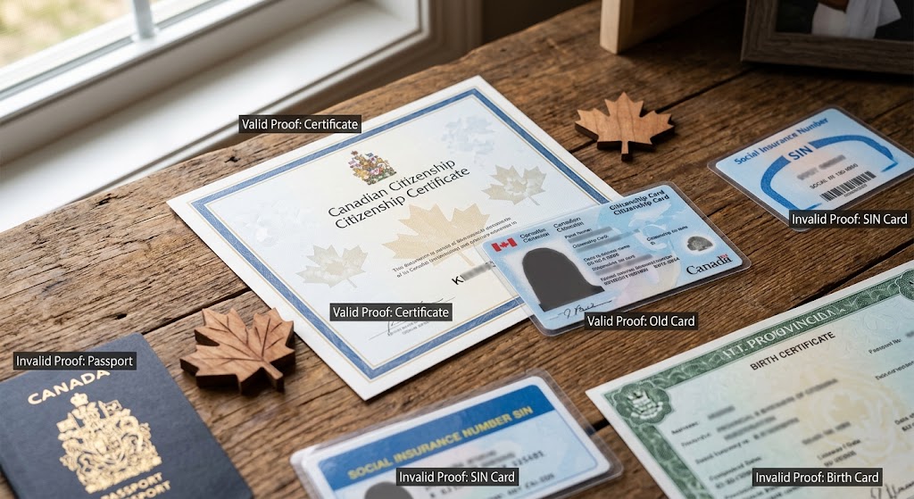 A flat lay photograph on a rustic wooden desk displaying various Canadian identification documents. A modern paper citizenship certificate is labeled 'Valid Proof: Certificate', and an older plastic citizenship card is labeled 'Valid Proof: Old Card'. A Canadian passport, a provincial birth certificate, and two laminated SIN cards are clearly labeled with 'Invalid Proof' text. Two wooden maple leaf decorative pieces rest nearby in front of a window.