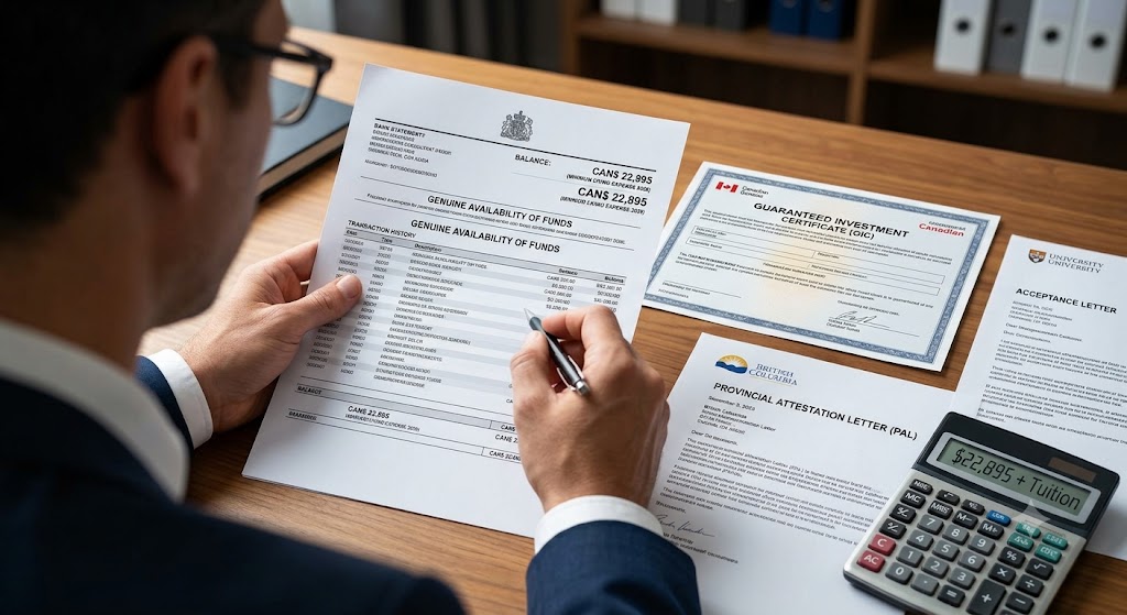 An over-the-shoulder perspective of a reviewer meticulously examining physical Canadian study permit documents arranged on a wooden desk. A hand with a pen points to a bank statement detailing 'GENUINE AVAILABILITY OF FUNDS' with 'CAN$ 22,895 (MINIMUM LIVING EXPENSE 2026)' and a 'GUARANTEED INVESTMENT CERTIFICATE (GIC)'. A 'PROVINCIAL ATTESTATION LETTER (PAL)' and a calculator displaying '$22,895 + Tuition' are also visible.