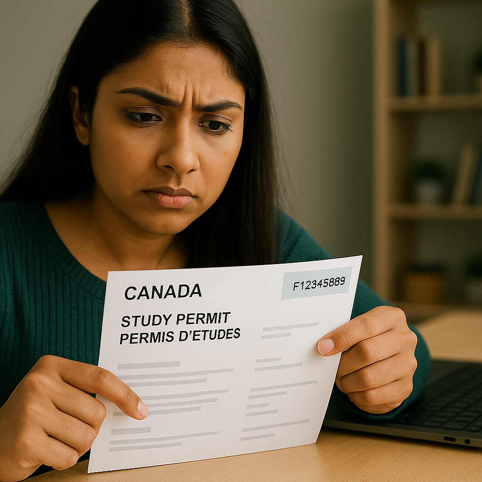 Student checking the study permit number (top-right) on a Canadian study permit — Vancouver, BC