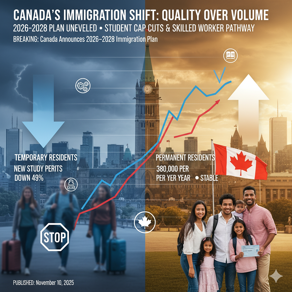 Cover image for Canada's 2026-2028 Immigration Plan, highlighting reduced temporary residents and stable permanent residents.