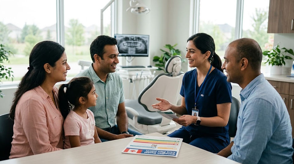 A friendly consultation inside a bright, modern Canadian dental clinic, serving as a cover photo for a blog. A South Asian newcomer family—a mother in a pink shirt, a father in a sage green shirt, and their young daughter—sit together at a table, smiling and looking toward a female dentist in dark blue scrubs who is gesturing warmly while holding a pamphlet. Another man (possibly a relative or support worker) is seated on the right, also engaged in the conversation. On the table is an informational flyer featuring a Canadian flag and the words "Canadian Dental Care Plan (CDCP)". In the background, a dental chair, a computer displaying dental X-rays, medical equipment, and large windows with outdoor suburban greenery are softly out of focus, creating a hopeful and welcoming atmosphere.