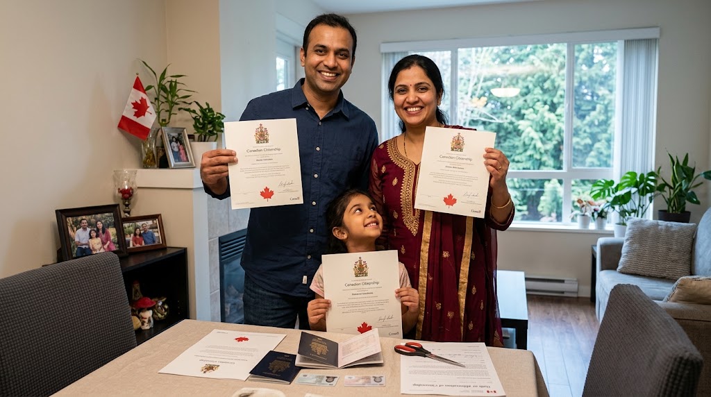 A happy South Asian family of three celebrating in their natural-lit Vancouver apartment after their virtual citizenship ceremony. A man in a blue button-down shirt and a woman in a maroon salwar kameez stand smiling warmly, each holding up a white Canadian citizenship certificate. Their young daughter stands between them, looking up at her parents with a joyful smile while holding her own certificate. On the dining table in the foreground are passports, ID cards, scissors, and signed documents. A small Canadian flag, family photos, and indoor plants are visible in the background, with a large window showing green, tree-filled outdoor scenery.