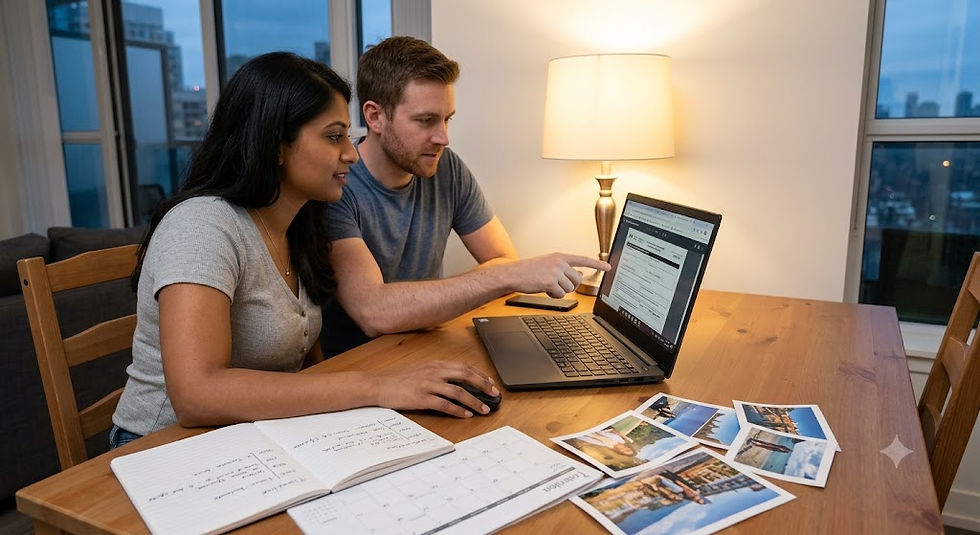 A candid photo of a mixed-ethnicity couple sitting at a wooden dining table, collaborating and carefully reviewing the IMM 5532 sponsorship form together on a laptop screen. Spread across the table are supporting evidence documents, including a handwritten timeline notebook and vacation photos.