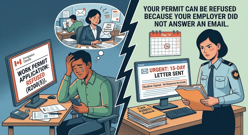 A stylized illustration details a common, yet often unpublicized, scenario for Canadian work permit refusal. The central scene shows a distressed foreign worker (identified as from image 1) at a computer with a red screen displaying 'REFUSED (R200(5))'. Graphics above the screen depict a hand from the side 'shushing' the worker while a large 'STOP' icon is placed over a generic, questioning employer figure. Two side panels visualize the process: one shows an IRCC official (from image 1) sending a '15-DAY PROCEDURAL FAIRNESS LETTER' with an urgent countdown timer about specific genuineness factors. The second panel shows a 'NO EMPLOYER RESPONSE' icon with an empty chair and a stopwatch expiring, stating the 'Employer fails to provide evidence.' A final concluding text box, anchored by a distressed worker behind chains and a padlock, explicitly states: 'THE REFUSAL IS YOURS,' with the visual summary, 'Your work permit can be refused because your employer did not answer an email.'