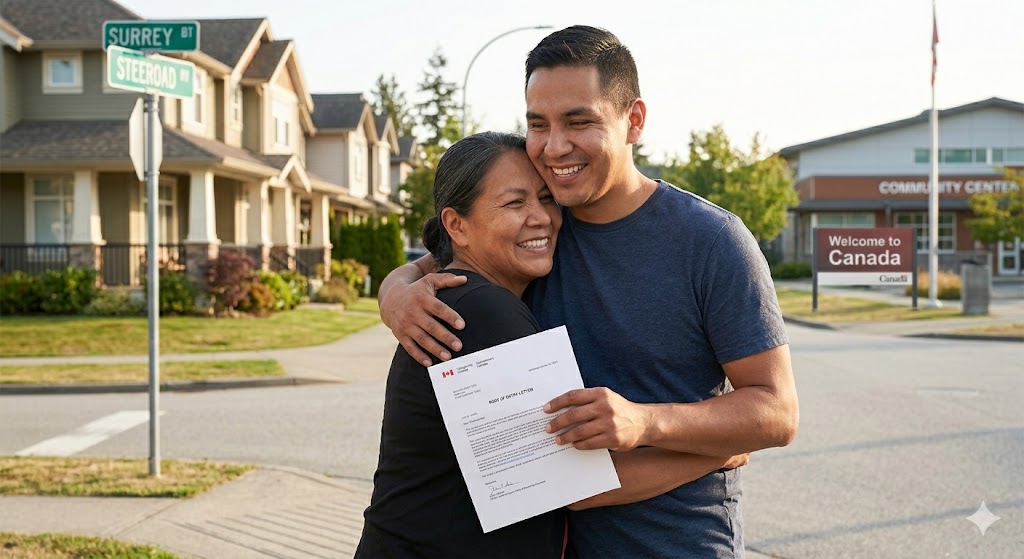 A joyful, candid photo on a residential street in Surrey, B.C., capturing a warm embrace between a younger Indigenous man and an older Indigenous woman. The man is smiling and holding a Canadian Port of Entry letter, signifying his successful arrival and family reunification, while a subtle 'Welcome to Canada' sign stands in the background.