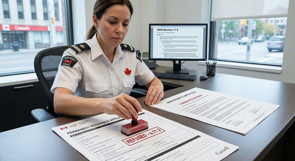 An IRCC immigration officer in uniform, wearing a Canadian flag pin, actively applies a prominent red "REFUSED - s.11.2" stamp onto a "PERMANENT RESIDENCE APPLICATION" form. The application, along with an "INVITATION TO APPLY (ITA)" document, rests on her desk in a modern, brightly lit Canadian immigration office. A computer monitor in the background displays "IRPA SECTION 11.2" and "OFFICER ASSESSMENTS."