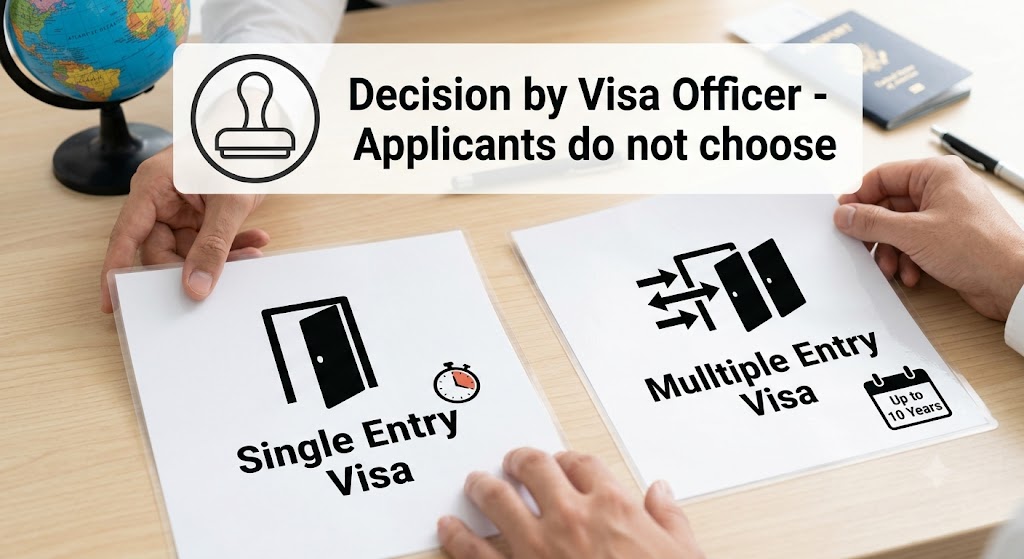 A professional photograph of a wooden desk where hands compare two laminated sample visas. The left document is clearly marked "Single Entry Visa" with a simple open-door icon and a short timeframe graphic. The right document is marked "Multiple Entry Visa" with multiple arrows passing through open doors and a long duration graphic. A large stamp icon overhead bears the text: "DECISION BY VISA OFFICER - APPLICANTS DO NOT CHOOSE."