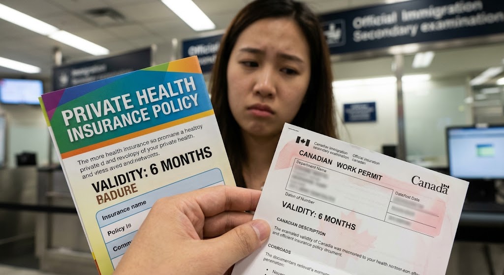 A close-up of a hand holding a private health insurance brochure and a matching Canadian Work Permit at an immigration counter. The insurance brochure clearly states "VALIDITY: 6 MONTHS" in bold text, and the corresponding Work Permit duration is also visible as "6 MONTHS." A young woman in the blurred background looks on with a disappointed and confused expression.