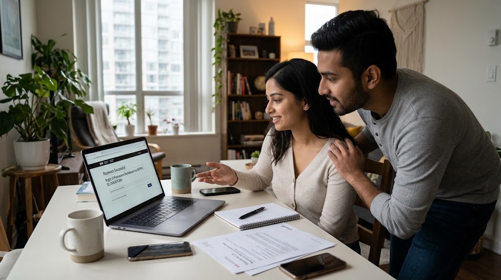 A candid photograph of a young South Asian couple sitting at their apartment dining table in Vancouver, looking at a laptop screen with expressions of relief and happy anticipation as they complete their immigration payment. The laptop shows a "Payment Successful" screen for the "Right of Permanent Residence Fee (RPRF) - $1,200.00 CAD" with a Government of Canada logo. The woman is seated, gesturing toward the screen with a slight smile, while the man leans in next to her with a hand on her shoulder. The table is filled with everyday items, including coffee mugs, notebooks, pens, smartphones, and official IRCC paper documents. High-rise apartment buildings are visible through the window in the background under natural daylight.
