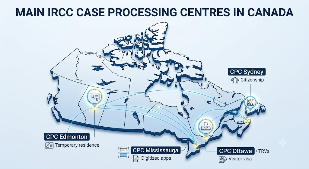 A data-driven infographic map of Canada, using illuminated icons to mark the locations and specific specializations of main Case Processing Centres (CPCs) in Sydney, Mississauga, Ottawa, and Edmonton. Data lines connect the locations, illustrating the centralized network.