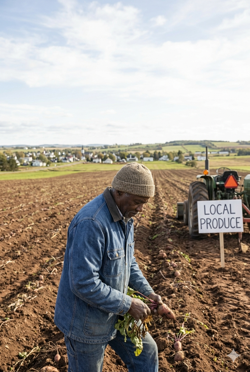A vertical photo of a male agricultural worker harvesting produce in a large rural Canadian field in Prince Edward Island. The backdrop shows rolling hills, low-slung buildings, and a small town under a bright sky, emphasizing a non-urban community setting.