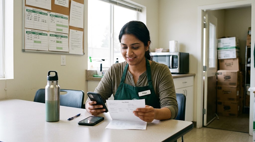 A South Asian woman (Priya) wearing a green retail apron with a name tag smiles as she reviews her printed pay stub and a smartphone while sitting in a busy workplace breakroom in Burnaby, BC.
